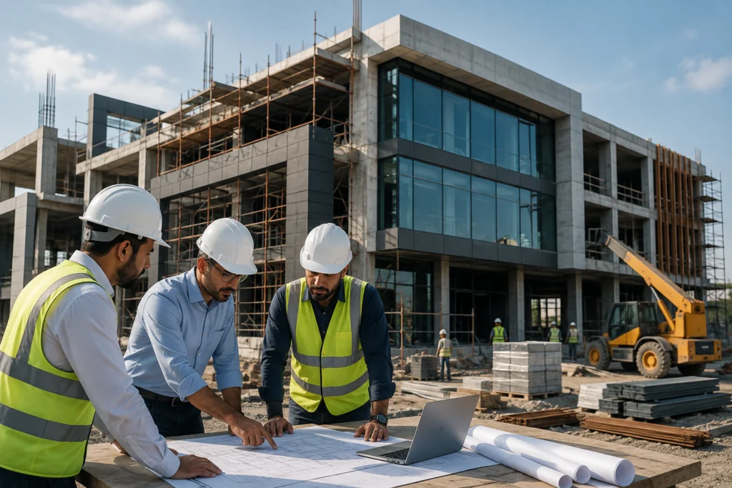 Construction professionals reviewing plans at commercial building site