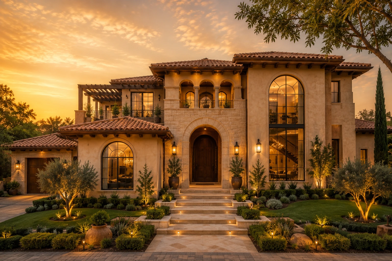 Completed Mediterranean luxury villa with arched windows at golden hour