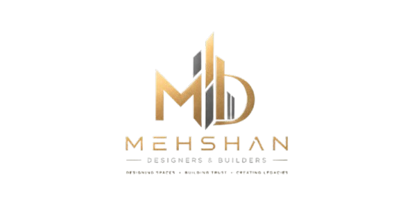 Mehshan Designers & Builders official gold and dark grey logo representing luxury architecture, construction, and interior design services.