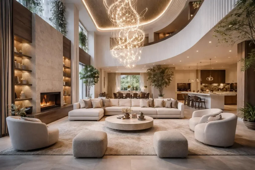 Grand double-height living hall with chandelier and bookshelves by Mehshan