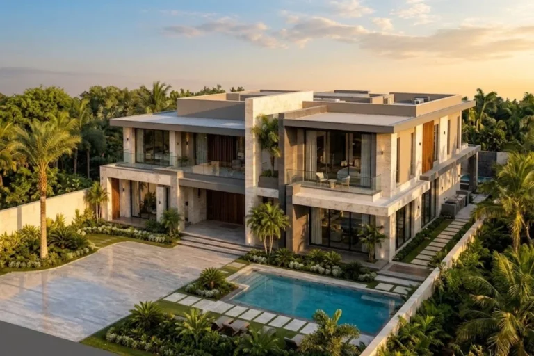 Isometric view of luxury villa with pool and landscaping