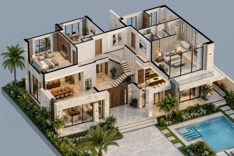 Isometric interior cutaway showing two-story layout and rooms