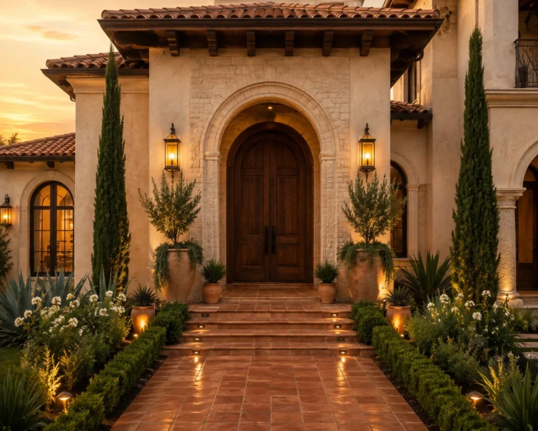 Grand arched wooden entrance with carved doors and stone archway