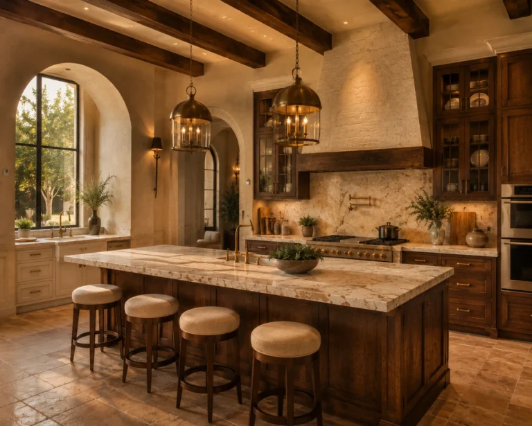 Luxury kitchen with marble island and wood cabinetry