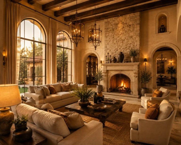 Luxury living room with stone fireplace and comfortable seating