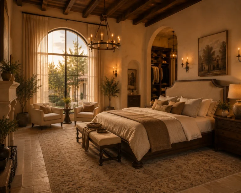 Luxury master bedroom with arched window and elegant furnishings