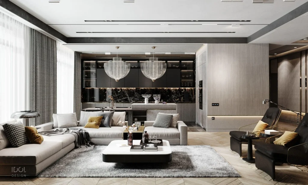 Minimalist grey and black living room with marble accent wall by Mehshan