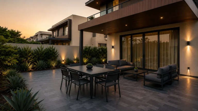 Modern backyard patio with outdoor furniture and evening lighting