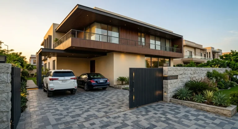 Modern cantilevered residence with cream stucco and walnut wood slats