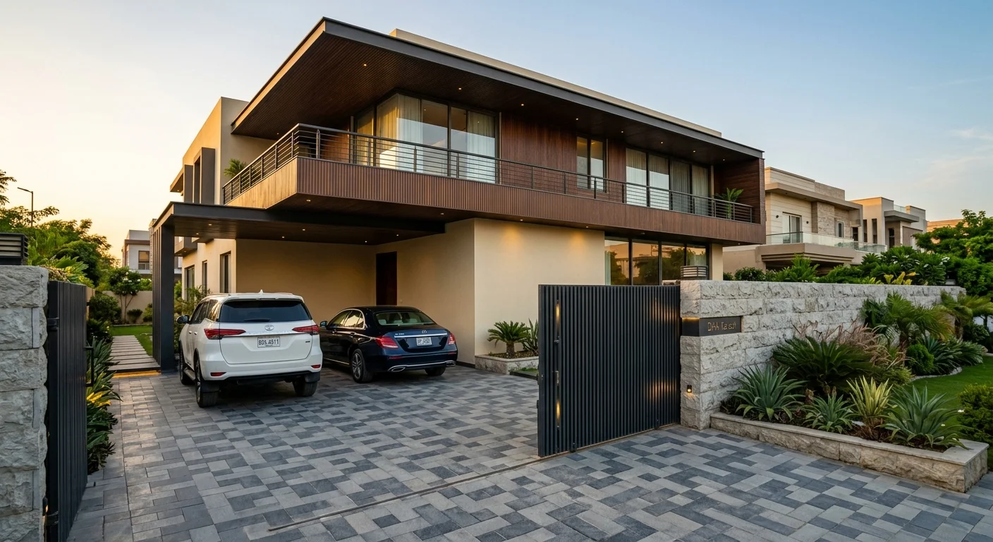 Modern cantilevered residence with cream stucco and walnut wood slats