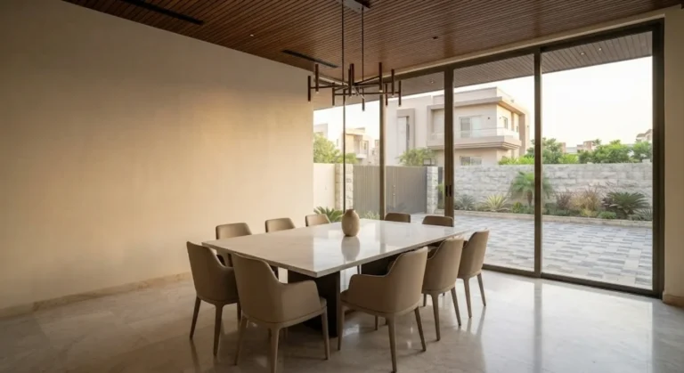 Elegant dining room with white marble table and geometric chandelier