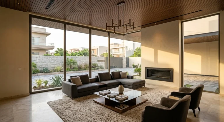 Modern living room with sectional sofa and wood-paneled ceiling