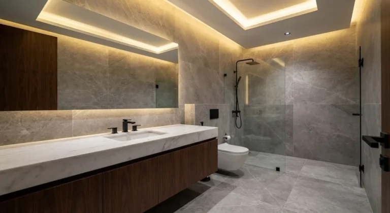 Luxury bathroom with grey marble tiles and floating wood vanity