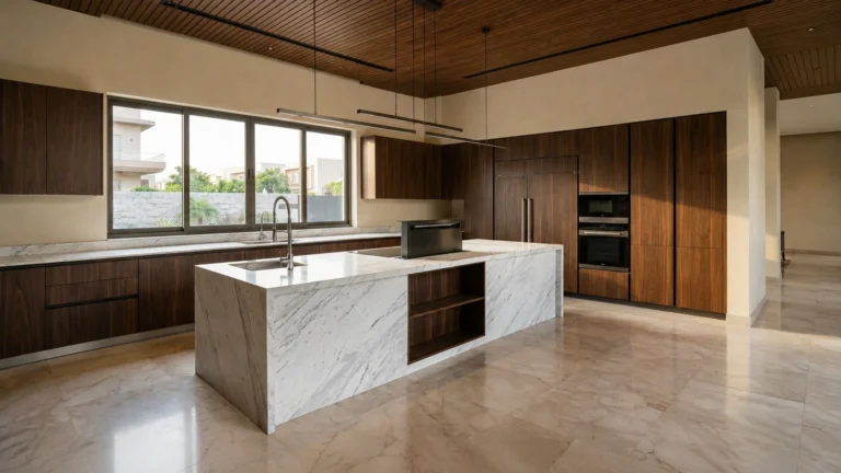 Luxury kitchen with walnut cabinetry and white marble island