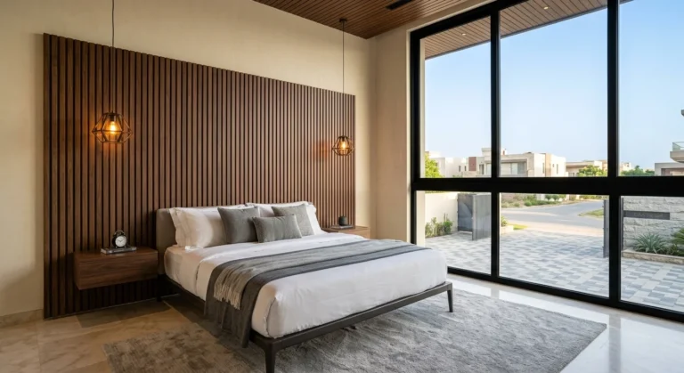 Luxury master bedroom with dark wood accent wall and pendant lights