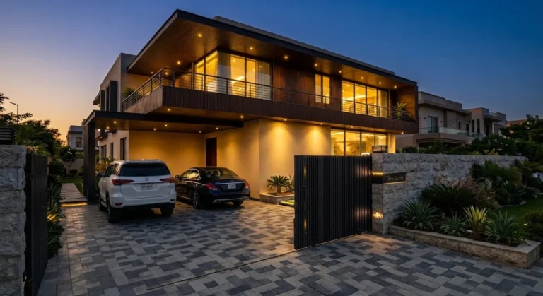 Modern cantilevered residence at twilight with wood cladding and driveway