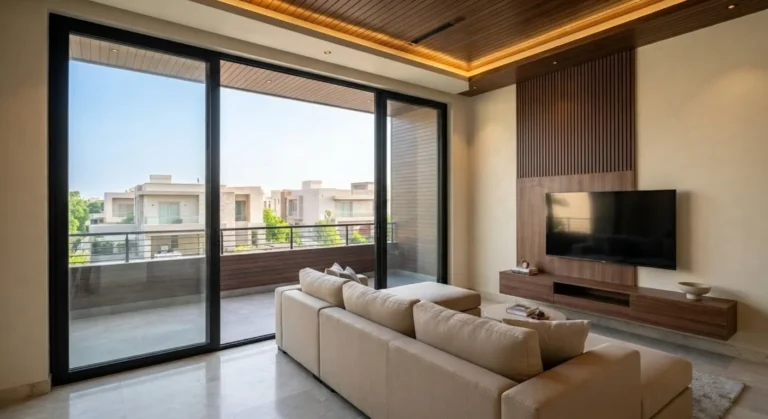 Upper family lounge with L-shaped sofa and sliding doors to balcony