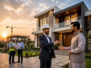Project manager handing over completed luxury project to satisfied client
