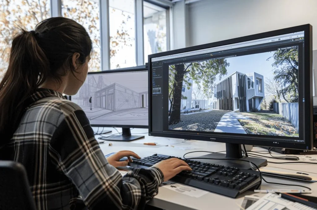 3D designer creating photorealistic exterior rendering of modern house