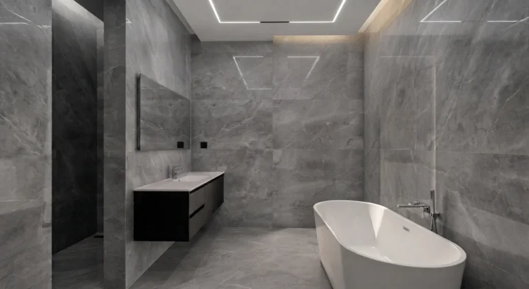 Luxury bathroom with grey marble tiles and black floating vanity