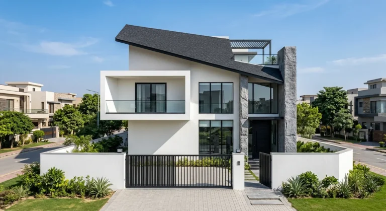 Asymmetric slope-roof minimalist house with white stucco and stone pillar