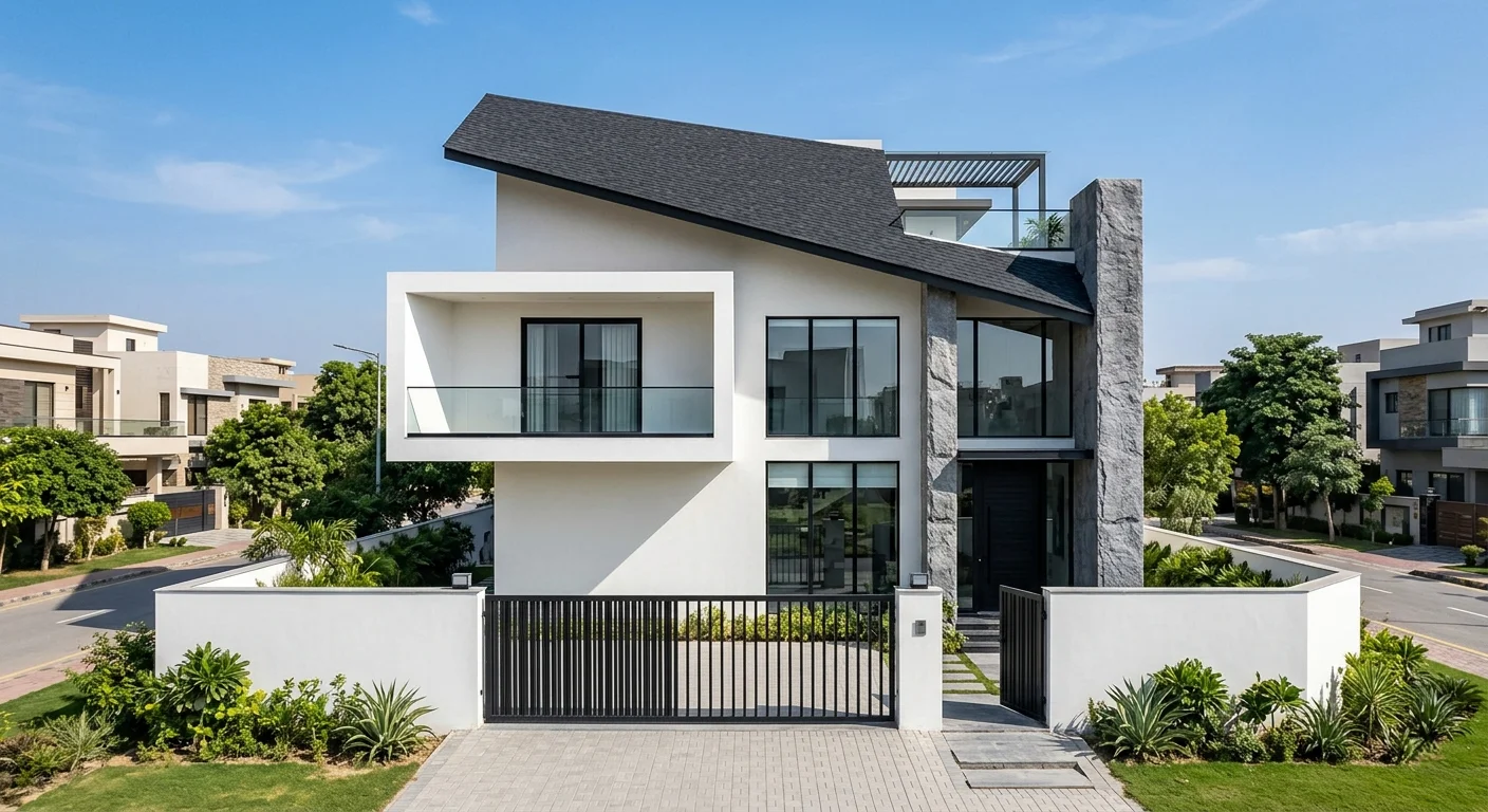 Asymmetric slope-roof minimalist house with white stucco and stone pillar
