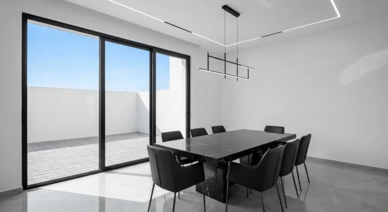 Minimalist dining room with black marble table and leather chairs
