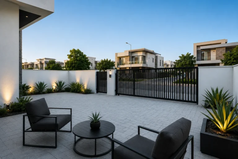 Minimalist front patio with metal chairs and black slatted gate