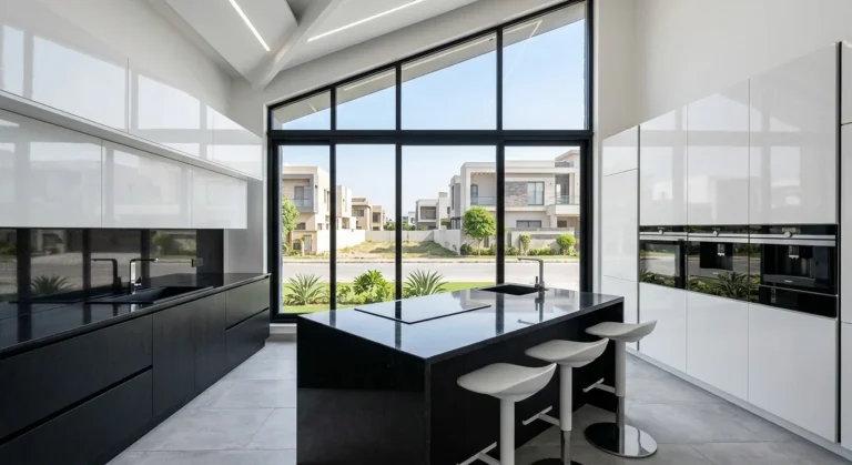Modern monochrome kitchen with white and black cabinets