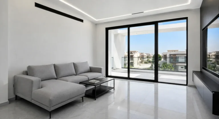 Minimalist living room with grey sofa and black coffee table