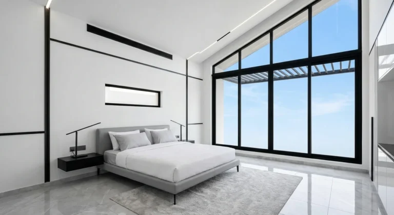 Minimalist master bedroom with white walls and black-framed windows