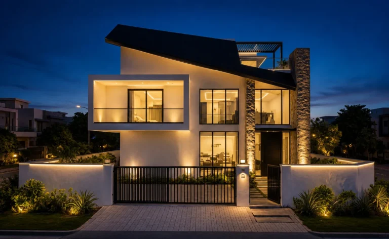 Minimalist residence at twilight with white stucco and black pitched roof