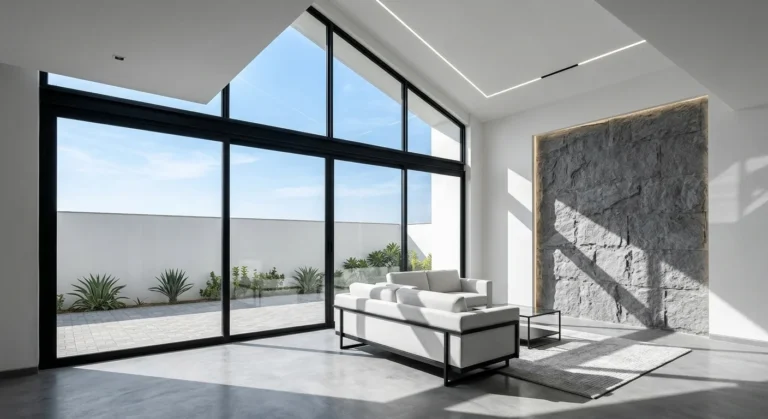 Living room with grey stone accent wall and white sofa