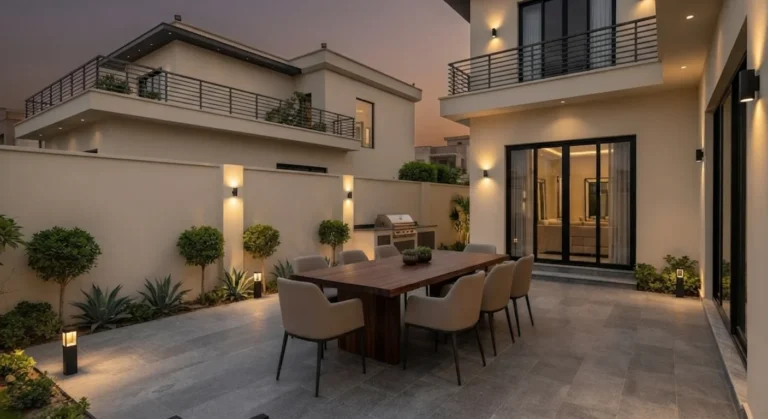 Backyard patio with wood dining table and built-in barbecue grill