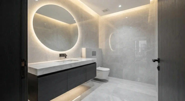 Luxury bathroom with grey marble tiles and backlit mirror