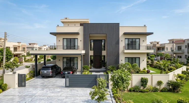 Symmetrical layered residence with cream stucco and dark wood panel