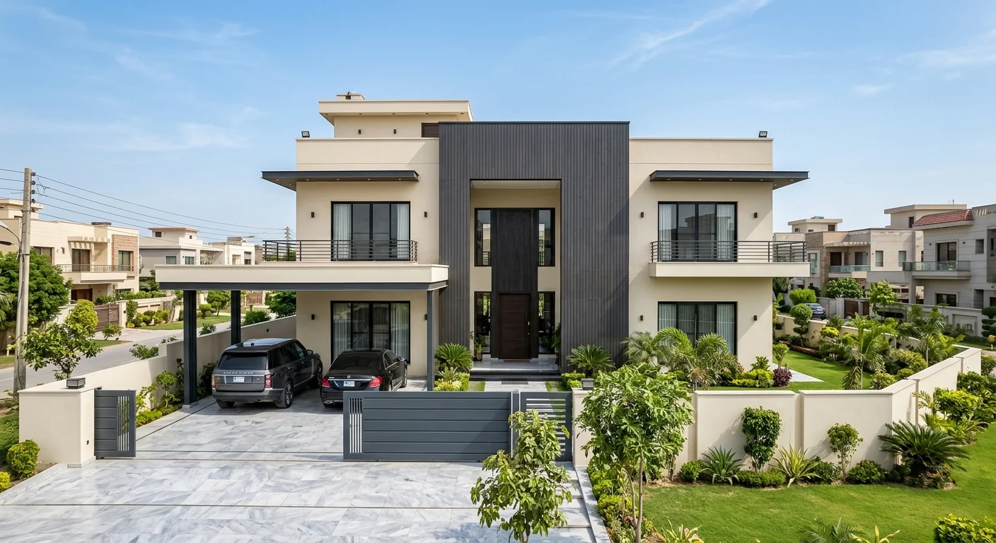 Symmetrical layered residence with cream stucco and dark wood panel