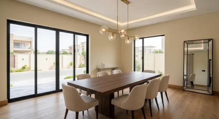 Elegant dining area with walnut table and gold glass chandelier