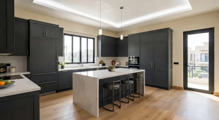 Luxury open-concept kitchen with charcoal-grey cabinetry and quartz island