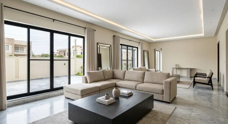 Spacious living room with beige sofa and marble flooring