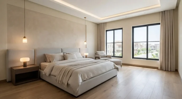 Neutral master bedroom with cream walls and light-grey bed