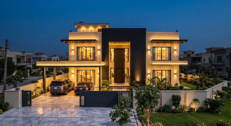Symmetrical layered residence at twilight with golden cove lighting