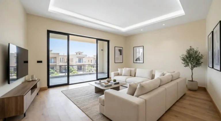 Upper family lounge with cream sofa and sliding doors to balcony