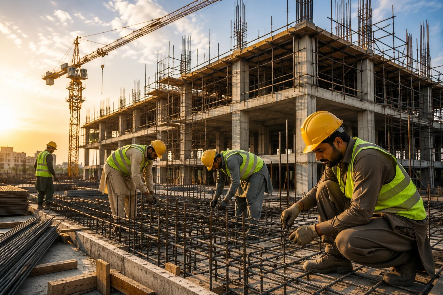 Pakistani construction team building modern structure with precision