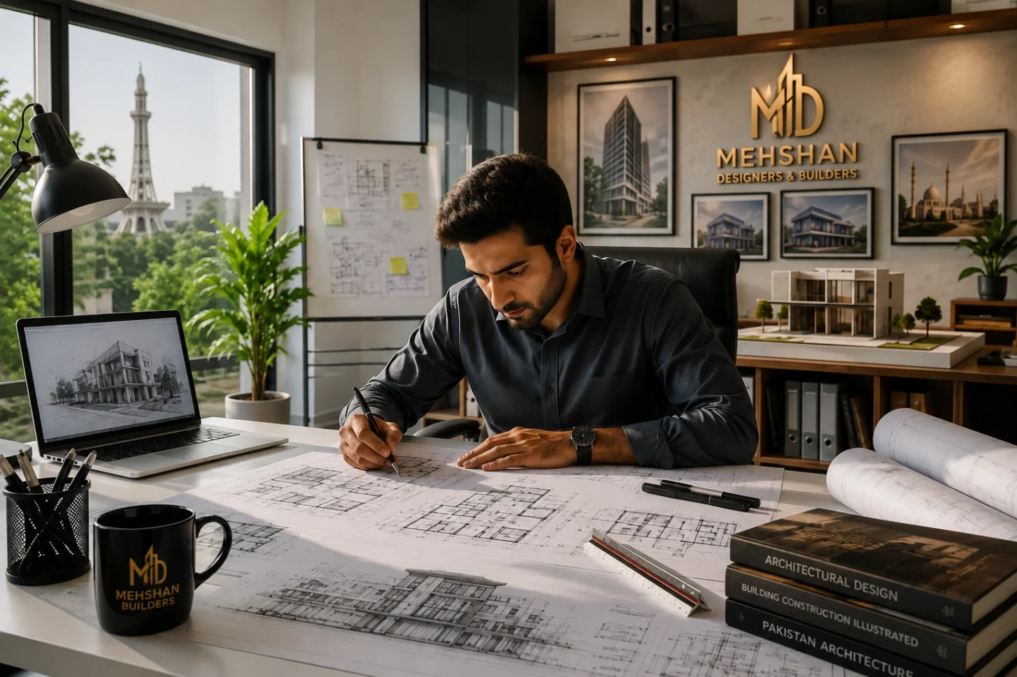 Pakistani architect designing modern building plans in professional studio