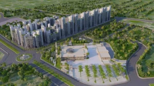 Aerial view of Globe Residency complex and landscaping in Naya Nazimabad Karachi