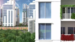 Close-up view of Globe Residency balconies with flowers and glass railings