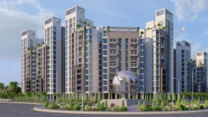 Day view of Globe Residency towers with silver globe monument in Naya Nazimabad Karachi