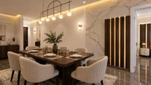 Contemporary dining room with cream chairs and marble wall at Globe Residency Karachi