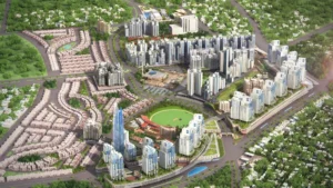 Full aerial view of Globe Residency and Naya Nazimabad development